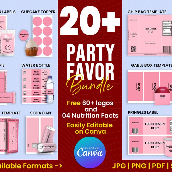 20+ Party favor Templates, Party favors, Template Bundle, Chocolate Wrapper Template, Water Bottle Template, Chip Bags Templates, Cake Box