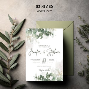 Greenery Invitation Template, Greenery Wedding Invite, Printable Wedding Templates, Eucalyptus Templett Invitation, Instant Download zdjęcie 3