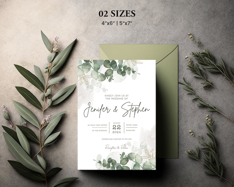 Greenery Invitation Template, Greenery Wedding Invite, Printable Wedding Templates, Eucalyptus Templett Invitation, Instant Download zdjęcie 3