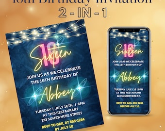 Sweet 16th Birthday Invitation for Teen Girl, Digital Template 16 Bday Instant Download Editable File Neon
