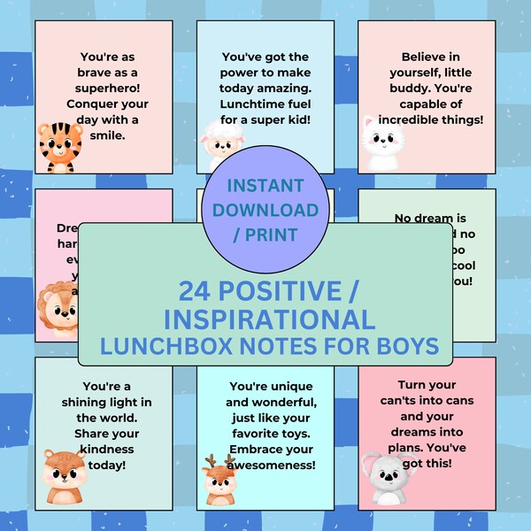 Positive Inspirational Lunchbox Notes for Little Boys with Adorable Animal Stickers Instant Download