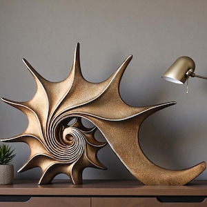 Puede incluir: Escultura abstracta dorada con diseño en espiral y múltiples extensiones puntiagudas. La escultura se encuentra sobre una superficie de madera, con una pequeña planta en maceta y una lámpara dorada en el fondo. La obra tiene una estética moderna y artística.