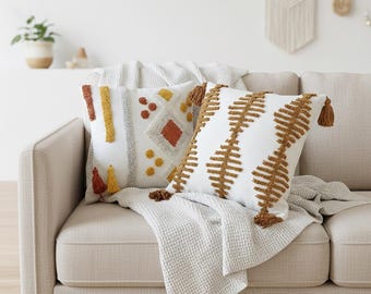 Federa per cuscino trapuntata Boho, cuscino geometrico color crema con nappe