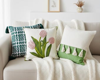 Federa per cuscino con tulipano ricamato, cuscino con nappa boho verde