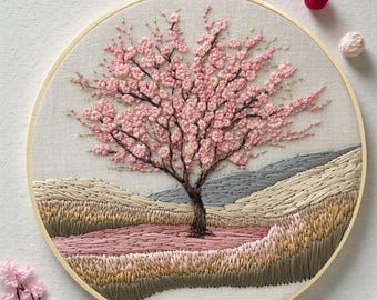 Kit per ricamo di fiori di ciliegio, paesaggio fai da te con alberi di ciliegio, arte murale