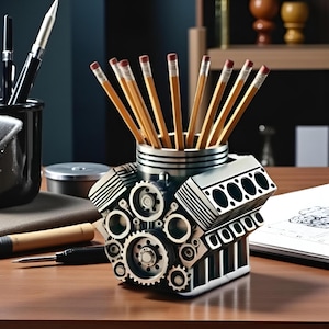 Peut inclure: Un pot à crayons argenté en forme de bloc moteur, rempli de crayons jaunes avec des gommes roses. L'organisateur de bureau présente des composants mécaniques détaillés et est posé sur un bureau en bois.