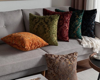 Federa per cuscino in velluto damascato, ricche tonalità gioiello, arredamento nordico