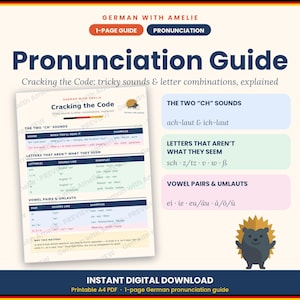 May include: A one-page German pronunciation guide titled Pronunciation Guide: Cracking the Code. The document features tables explaining CH sounds, tricky letter combinations, and vowel pairs with umlauts. It includes a small hedgehog illustration.