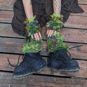 Moss Matching Hand & Leg Warmers - Crochet Mossy Clothes - Fantastical Lichen Reb Faire Accessory - Forest Elf, Fairy, Therian, LARP Gear