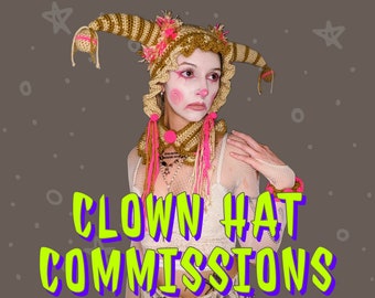 CLOWN HAT COMMISSIONS - Personalized Crochet Clown Hat - Handmade Jester Hat - Clowncore Bonnet - Clown Clothes - Knit Clowncore Accessory