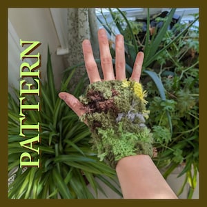 May include: A green, brown and yellow crocheted fingerless glove with a fuzzy texture.