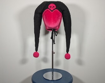 Black and Pink Jester Hat - Crochet Clown Hat With Skull Patch