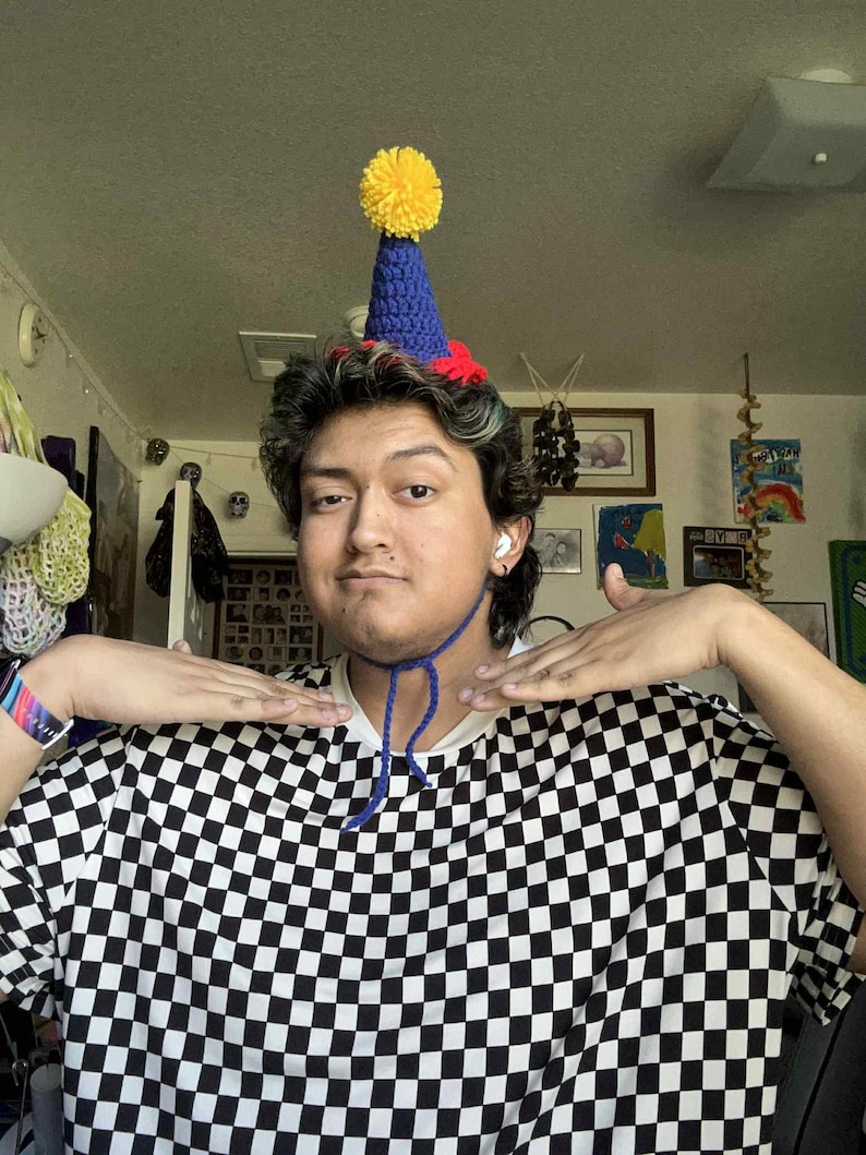May include: A blue, red, and yellow crocheted party hat with a yellow pom-pom on top. The hat is worn with a black and white checkered shirt.