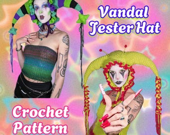 Harlequin Jester Hat Pattern - 2 in 1 Horned Clown Hat + Morning Star Crochet Pattern - Clowncore Accessory Blueprint
