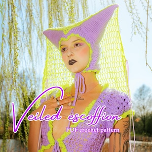 May include: A purple and lime green crochet ensemble, including a pointed hat and open-front top. The outfit features a decorative trim and is part of a PDF crochet pattern. The text "Veiled escoffion" is displayed in a stylized font.