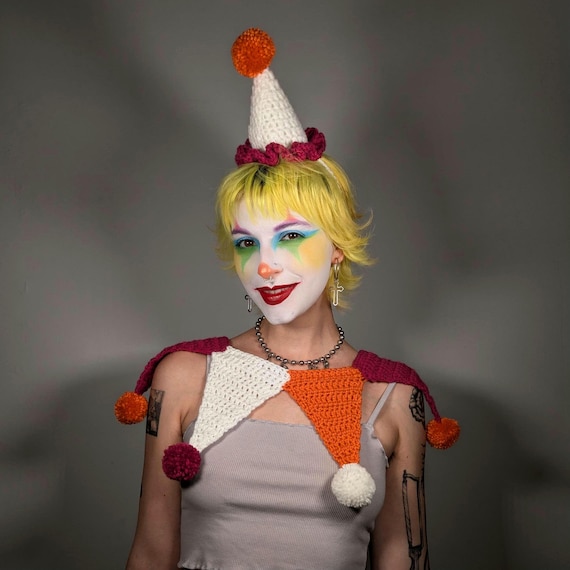 Lesbian Clown Set- White, Pink & Orange Crochet Jester Collar With Matching Birthday-Style Hat - Sapphic Gay Pride Accessory