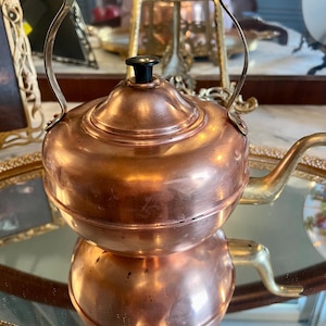 ANTIQUE COPPER TEA pot kettle w/ lid wooden handle solid copper