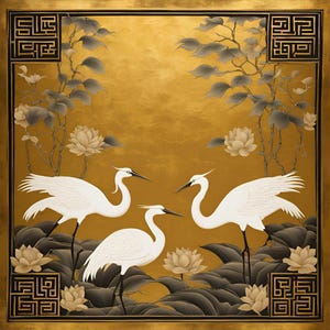 Kraniche und Lotus auf Decoupage Papier handgeschöpft