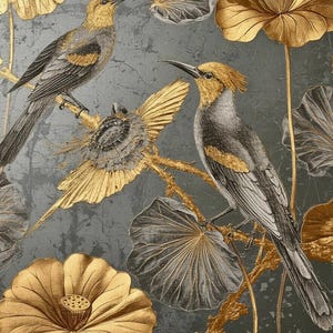 May include: Decorative wall art showing gold and grey birds on golden branches, surrounded by gold and grey lotus flowers and leaves. The background is a textured grey.