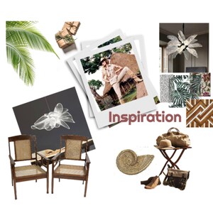 May include: A mood board with inspiration for a safari-themed room. The board includes images of a woman in safari clothing, a woven shell, a folding table with a bag and hat, and two wooden chairs with woven seats. The text "Inspiration" is written in brown letters on a white background.