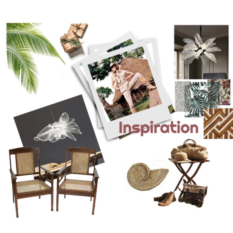May include: A mood board with inspiration for a safari-themed room. The board includes images of a woman in safari clothing, a woven shell, a folding table with a bag and hat, and two wooden chairs with woven seats. The text "Inspiration" is written in brown letters on a white background.