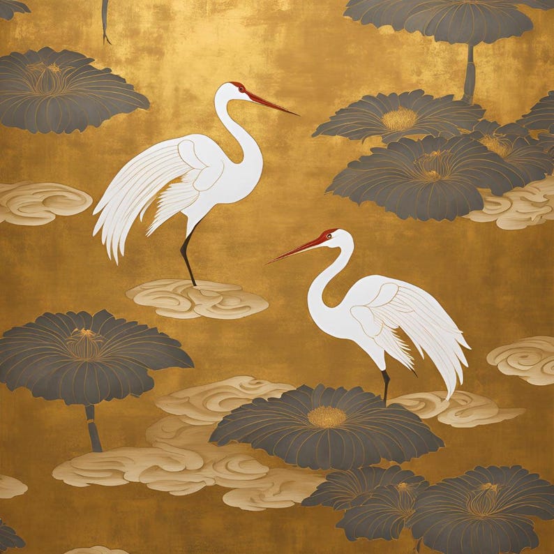 May include: Two white cranes with red beaks stand on lily pads in a pond. The background is a gold and black pattern of lily pads and clouds.