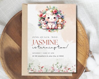 May include: A pastel pink and white invitation with a watercolor illustration of a white lamb with a floral crown. The text reads "OINK.QUACK.MOO. JASMINE is turning two! SATURDAY JUNE 12 4PM At 123 anywhere st.,any city, st 12345"