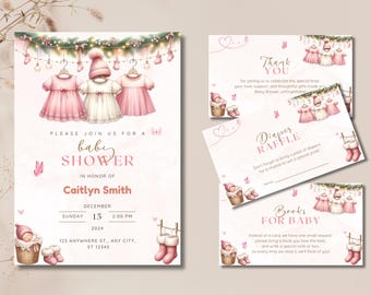 Vintertvättlina babyshowerflickainbjudningspaket, rosa babyshowerflickapaket, redigerbar babyshowerinbjudan, digital nedladdningsmall