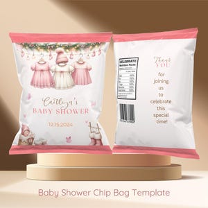 Winter Clothesline Baby shower Girl Chip Bag Template, Baby shower pink chip bag, Editable baby shower chip bag, Digital Download Template