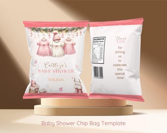 Vintertvättlina babyshowerflicka chippåse mall, babyshower rosa chippåse, redigerbar babyshower chippåse, digital nedladdningsmall