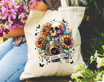 Iced Coffee Queen Tote Bag, Iced Coffee Lover Gift, Skull and Coffee Library Bag, Coffee Reusable Shopping Farmers Market Bag