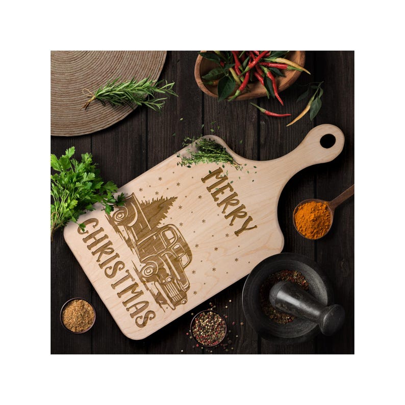 Merry Christmas Vintage Truck With Pine Tree Paddle Cutting Board ...