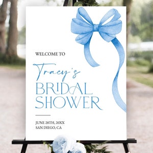 She's Tying the Knot Bridal Shower Welcome Sign, Minimalist Blue Bow Welcome Sign Template, Editable Bridal Shower Poster, Blue Ribbon Bow