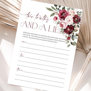 Two Truths and A Lie Bridal Shower Game, Burgundy Pink Wedding Shower Game, Editable Bachelorette Party Template, Floral Bride Groom Game