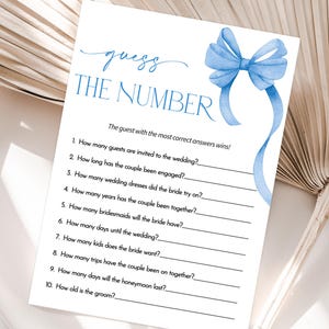 Guess the Number Bridal Shower Game, She&#39;s Tying the Knot Wedding Shower Template, Blue Bow Bachelorette Game, Editable Bridal Party Game