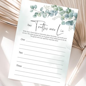 Two Truths and A Lie Bridal Shower Game, Eucalyptus Bachelorette Game, Editable Wedding Shower Template, Bride Groom Fun Game Sage Greenery