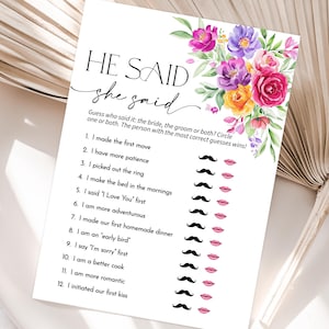 He Said She Said Game, Guess Who Said It, Floral Bridal Shower Game, Wedding Shower Game, Editable Bridal Party Game, Fun Bachelorette Game
