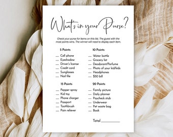 May include: A printable game card with the title "What's in your Purse?"  The card lists common items found in a purse and assigns points to each item.  The game instructs players to check their purses for the listed items and the player with the most points wins.