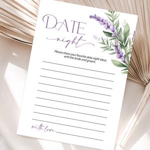 Ideias para encontros românticos para o chá de panela dos noivos, modelo editável para despedida de solteira, cartão para festa de casamento com flores silvestres de lavanda, jogo divertido