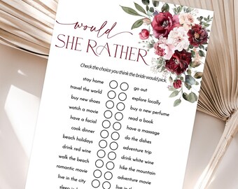 Would the Bride Rather Game, Would She Rather Game, Editable Wedding Shower Template, Pink Burgundy Bachelorette Party Fun for Bride Groom