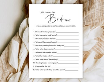Puede incluir: Un juego de ducha nupcial imprimible con el título "¿Quién conoce mejor a la novia?" El juego presenta 12 preguntas sobre la novia, con líneas para que los invitados escriban sus respuestas.