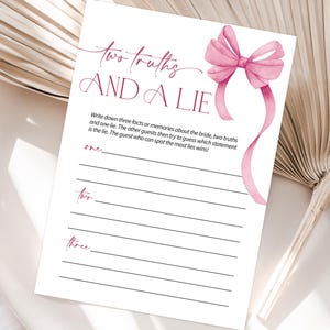 Bridal Shower Two Truths and A Lie Game, She's Tying the Knot Bachelorette Games, Editable Bridal Party Template, Pink Bow Wedding Shower