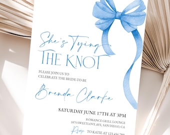 She's Tying the Knot Bridal Shower Invitation, Blue Bow Bridal Shower Invite Template, Editable Wedding Shower Invitation, Blue Ribbon Bow