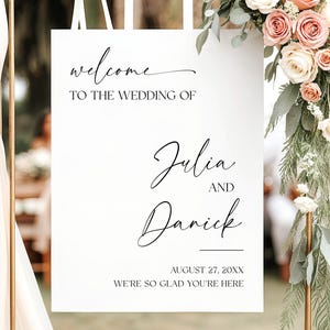 Letrero de bienvenida minimalista para boda, plantilla moderna para letrero de bienvenida, póster de boda editable, letrero de bienvenida "Nos alegra mucho que estés aquí".