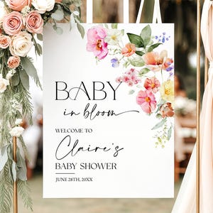 Wildblumen-Baby in Bloom Willkommensschild, bearbeitbares Babyparty-Willkommensschild, Mädchen-Babyparty-Willkommensplakat, druckbare Blumengartenvorlage