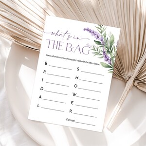 バッグの中のものブライダルシャワーゲーム、花柄の独身パーティーゲームテンプレート、編集可能なブライダルパーティーゲーム、ラベンダーブライダルシャワーゲーム、楽しいゲーム