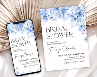 Blue Floral Bridal Shower Invitation, Editable Bridal Shower Invite Template, Printable Electronic Evite, Something Blue Before I Do Card