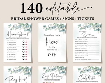 Bridal Shower Games, Greenery Bachelorette Games, Printable Wedding Shower Games, Editable Bridal Party Games, Eucalyptus Bride Groom Games