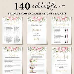 May include: A set of printable bridal shower games with a pink floral theme. The games include "Guess What Cake?", "Guess How Many Kisses", "He Said-She Said", "Who Knows the Bride Best?", "Emoji Pictionary", and "Ring Hunt".