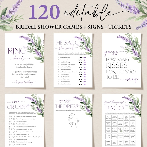 Bridal Shower Games, Lavender Bachelorette Games, Printable Wedding Shower Games, Editable Bridal Party Games, Bride Groom Fun Games Bundle